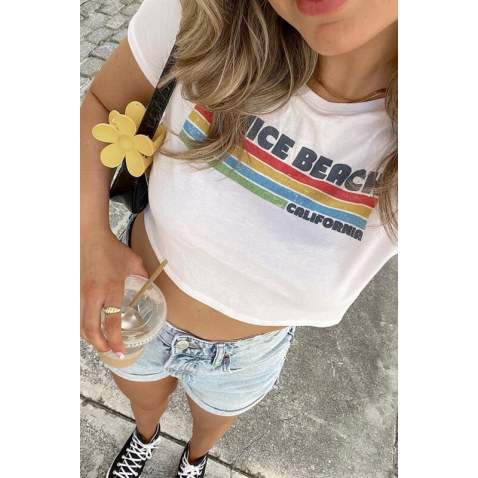 White Printed Crop T-Shirt MG1535 - Beyaz