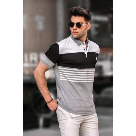 Men Striped Smoke Gray Polo T-Shirt 5685 - Boyalı gri