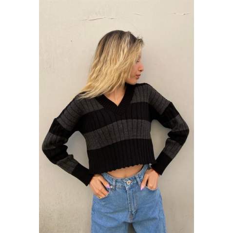 Women Striped Anthracite Cropped Sweater MG1441 - Antrasit