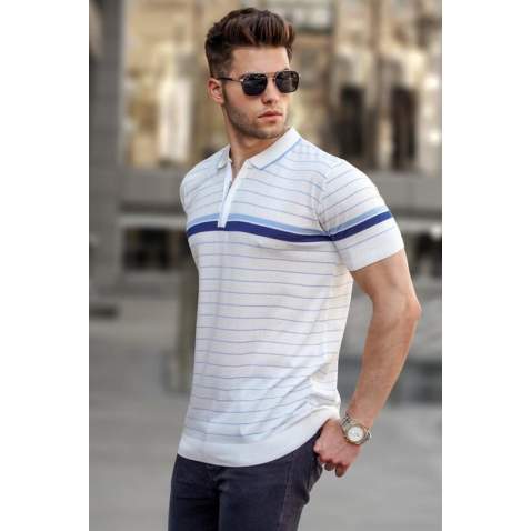 Men Striped White Polo T-Shirt 5734 - Beyaz