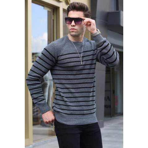 Anthracite Striped Knitwear Sweater 5992 - Antrasit