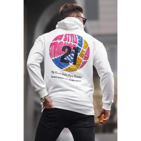 Ekru Kabartma Baskılı Kapüşonlu Sweatshirt 6042 - Ekru