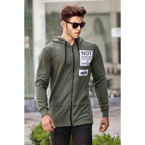 Madmext Khaki Zipper Detailed Hoodie 4168-4 - Haki