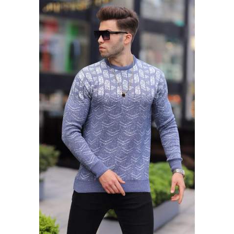 Royal Blue Designed Knitwear Sweater 5971 - Havacı mavi