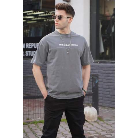 Men Printed Smoke Gray Oversize T-Shirt - Füme