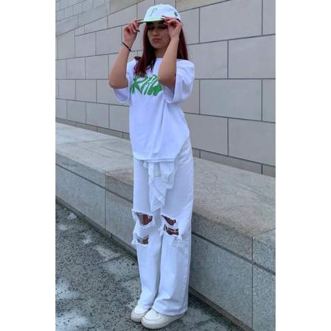 Women Printed Oversize White T-Shirt MG1490 - Beyaz