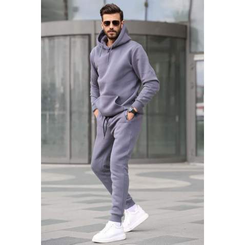 Smoke Gray Hoodie Basic Tracksuit 5905 - Füme