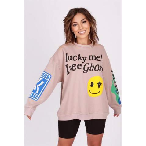 Mad Girls Printed Oversize Beige Sweatshirt Mg1206 - Bej