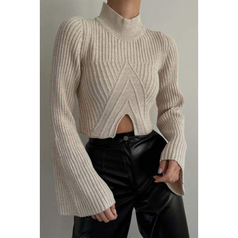 Mad Girls Beige Cropped Sweater MG1395 - Bej