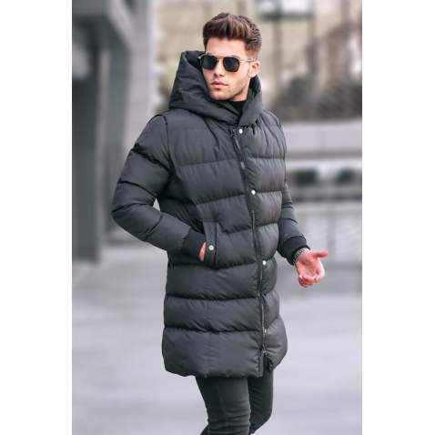 Black Hoodie Long Puffer Jacket 5743 - Siyah