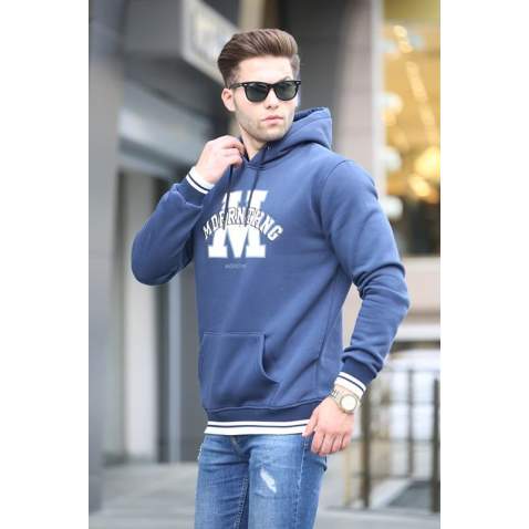 Navy Blue Embroidered Hoodie Sweatshirt 6012 - Lacivert