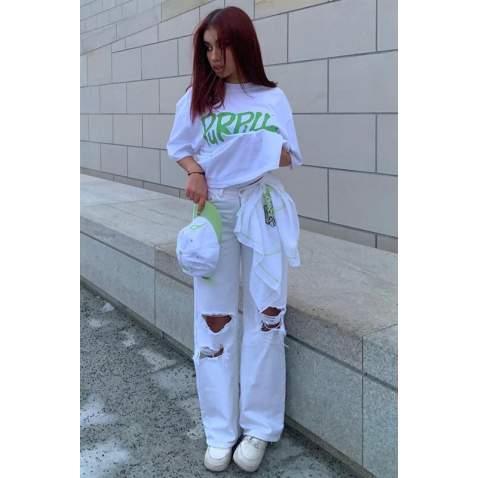 Women Printed Oversize White T-Shirt MG1490 - Beyaz