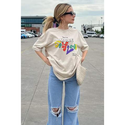 Beige Printed Oversize T-Shirt MG1522 - Bej