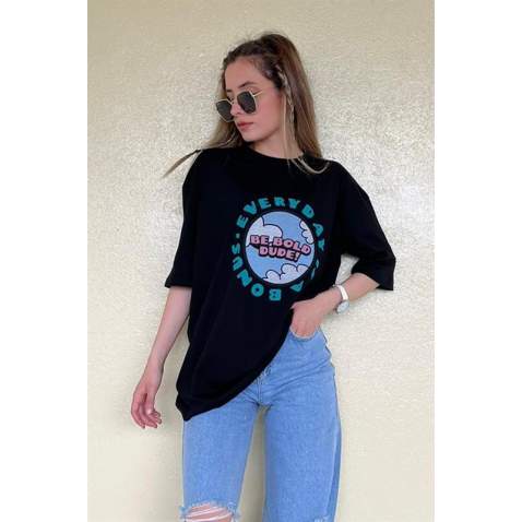 Women Printed Oversize Black T-Shirt - Siyah