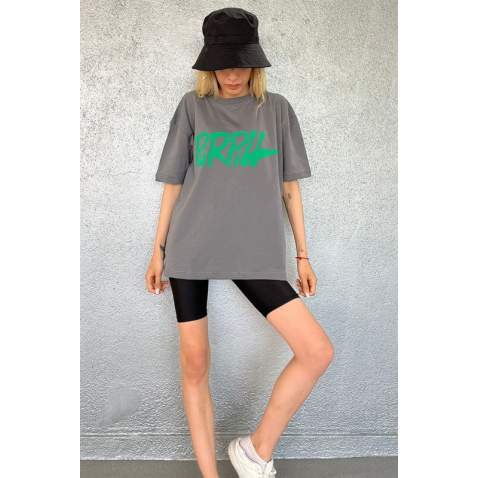 Women Printed Oversize Smoke Gray T-Shirt MG1490 - Füme