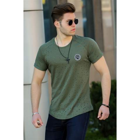 Madmext Men Ripped Khaki T-shirt T4002 - Haki