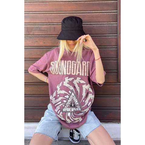 Women Printed Dusty Rose Over Fit T-Shirt MG1499 - Gül kurusu