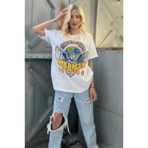 Women Printed White Over Fit T-Shirt MG1509 - Beyaz