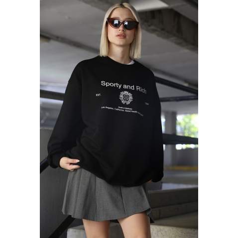 Siyah Bisiklet Yaka Baskılı Oversize Kadın Sweatshirt MG1577 - Siyah