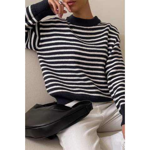 Mad Girls Striped Black Sweater MG1249 - Lacivert