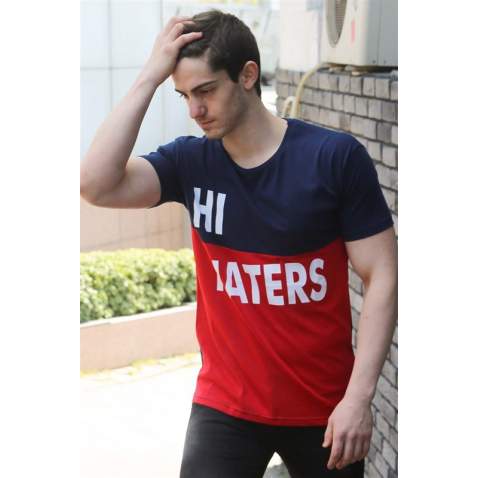 Madmext Navy Blue Two-Tone Printed T-shirt for Men 3089 - Lacivert