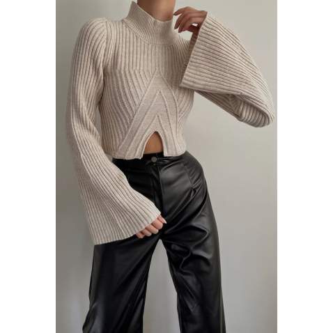 Mad Girls Beige Cropped Sweater MG1395 - Bej