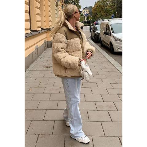 Beige Oversize Fur Jacket MG1371 - Bej