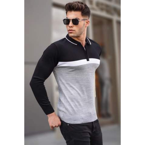 Gray Zipped Knitwear Polo Sweater 5787 - Gri