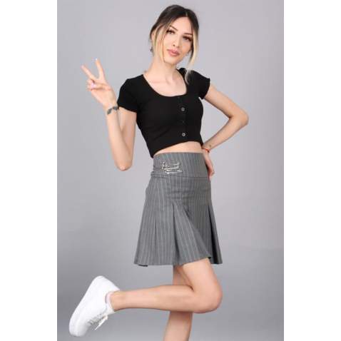 Women Striped Anthracite Pleated Mini Skirt MG1451 - Antrasit