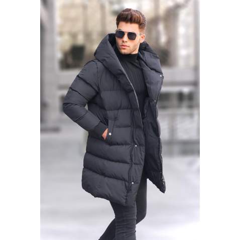 Black Hoodie Long Puffer Jacket 5743 - Siyah