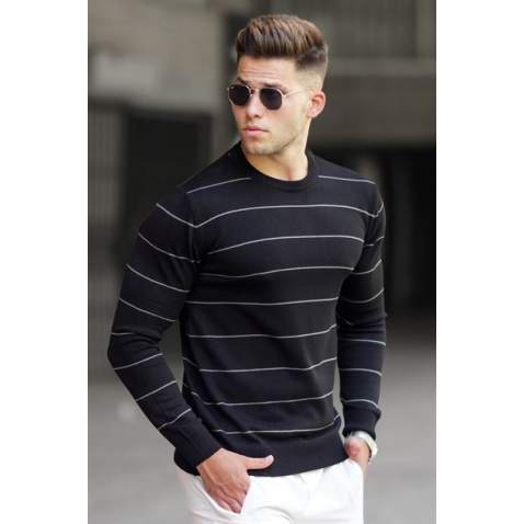 Madmext Men Striped Black Knitted Sweater 5177 - Siyah