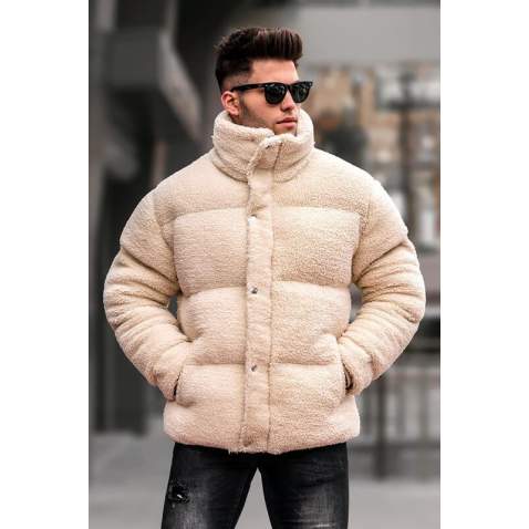 Men Beige Puffer Fur Jacket 5698 - Bej