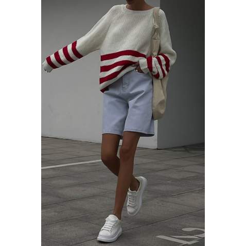 Mad Girls Ecru Striped Sweater MG1254 - Ekru