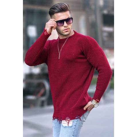 Maroon Ripped Design Knitwear Sweater 5998 - Bordo