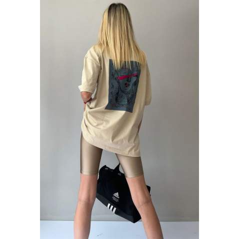 Women Printed Oversize Beige T-Shirt MG1491 - Bej