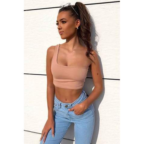 Mad Girls Cream One Shoulder Crop Top with Strappy MG325 - Krem