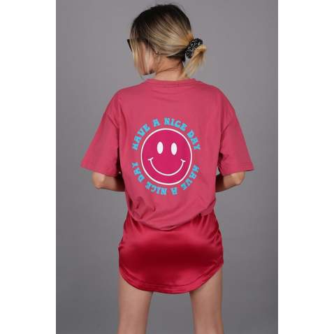 Women Printed Pink Oversize T-Shirt - Pembe