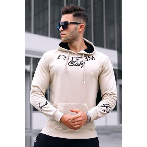 Madmext Printed Beige Hoodie Sweatshirt For Men 4402 - Bej