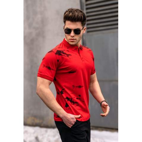 Men Designed Red Polo T-Shirt - Kırmızı