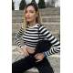 Women Crewneck Black Striped Sweater - Siyah