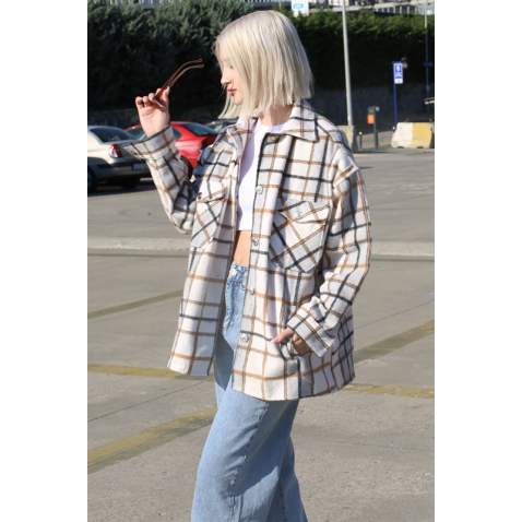 Mad Girls Gray Oversize Women Lumberjack Shirt MG042 - Gri