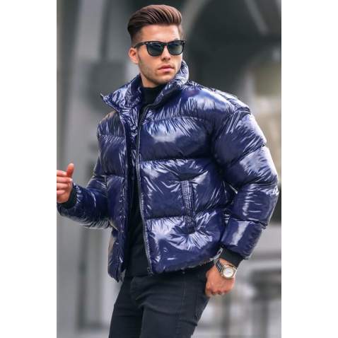 Navy Blue Shiny Basic Puffer Jacket 5993 - Lacivert