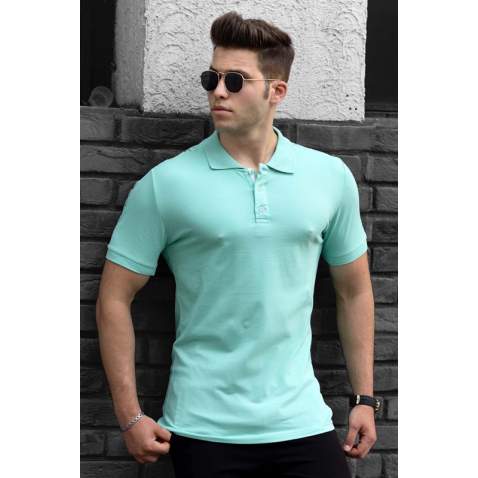 Madmext Turquoise Striped Detailed Polo T-shirt 4585 - Turkuaz