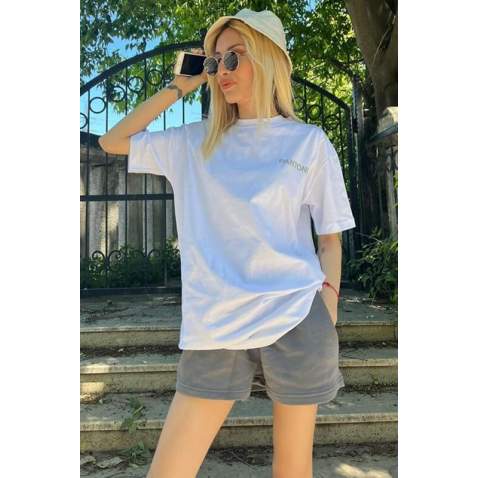 Women Printed White Over Fit T-Shirt MG1492 - Beyaz