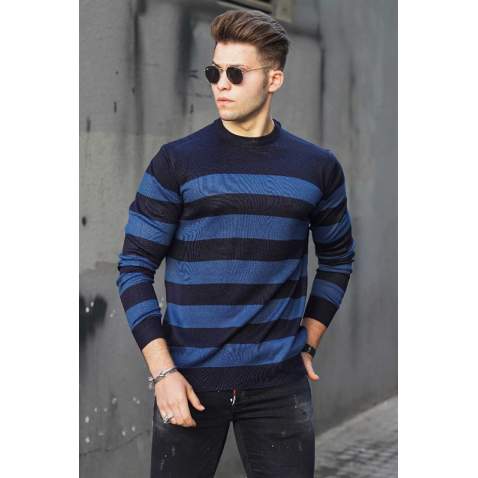 Madmext Indigo Striped Men Knitwear Jumper 9415 - İndigo