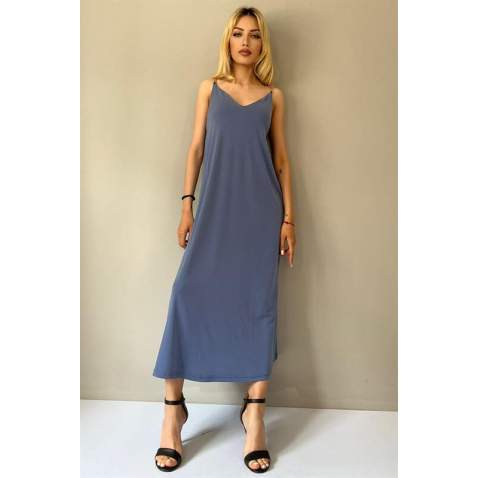 Indigo V Neck Chain Strap Long Dress MG1542 - İndigo