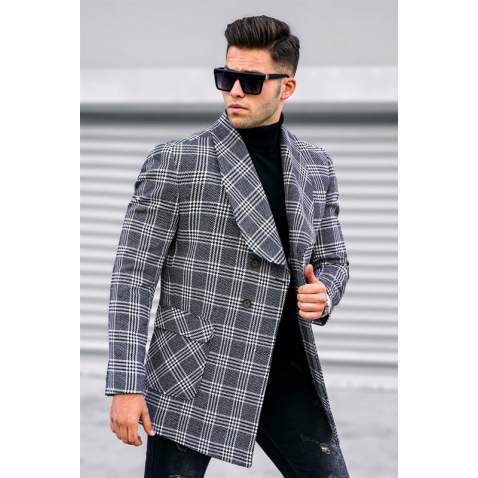 Madmext Gray Plaid Signature Coat 5631 - Gri