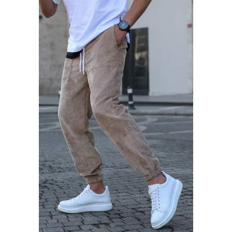 Men Beige Velvet Sweatpants 5466 - Bej