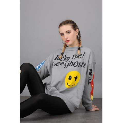 Mad Girls Printed Oversize Anthracite Sweatshirt Mg1207 - Füme