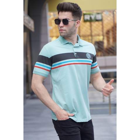 Striped Mint Green Polo T-Shirt 5877 - Mint yeşili